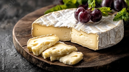 Creamy artisan Camembert cheese wheel with soft white rind, sliced and served on rustic wooden board with fresh red grapes and mint garnish, showcasing gourmet French dairy delicacy