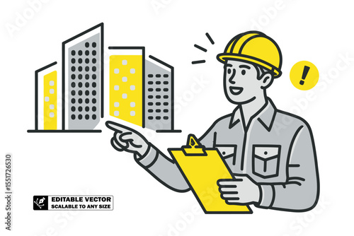 Cartoon engineer pointing at buildings with clipboard and exclamation mark speech bubble icon art