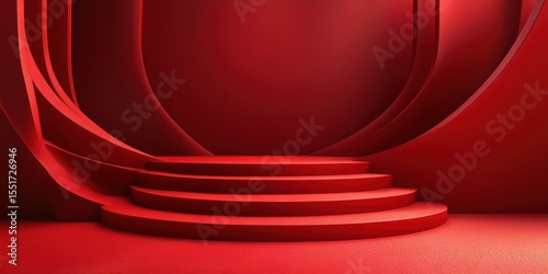 Modern red backdrop with curved designs and steps for events or presentations at an indoor venue