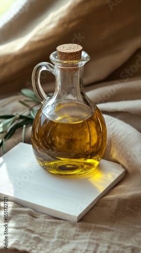 Pure golden olive oil in elegant glass bottle with cork, showcasing rich color and traditional Mediterranean culinary ingredient on soft neutral background photo