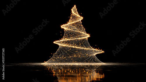 Abstract glowing wireframe Christmas tree formed by swirling golden lights on a black reflective surface
