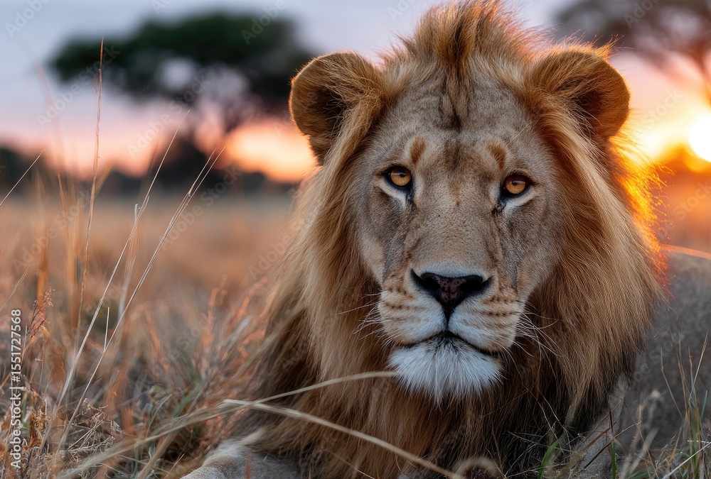 Fototapeta premium A majestic lion stands tall in the savanna, its mane flowing and eyes glowing with an aura of power and elegance.