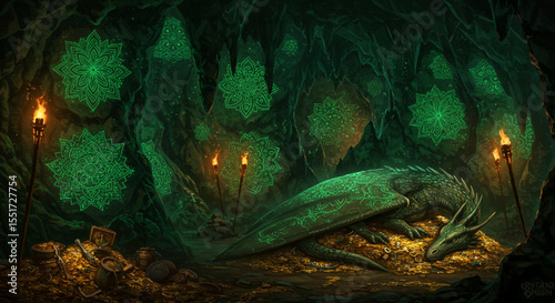 Sleeping Dragon in a Mystical Emerald Cave, Treasure and Glowing Symbols