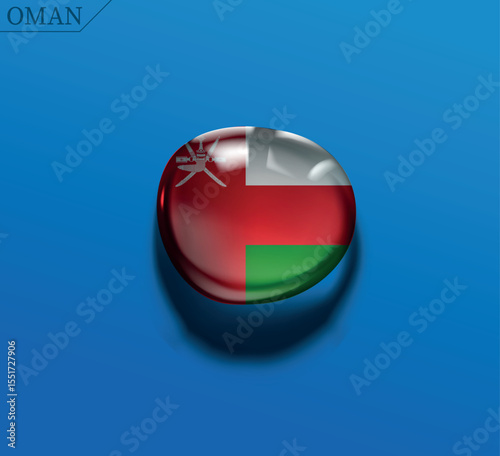 Oman flag icon. 3D glossy round button with the national emblem. Modern sphere for web and apps, isolated on a blue background.