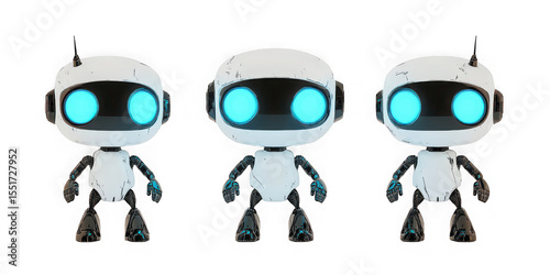 Three robots standing together on transparent background