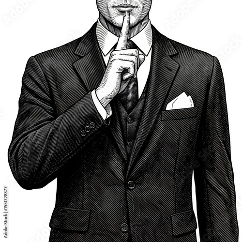 Illustration of Silence Man in Black Suit Keep Finger Quiet Gesture