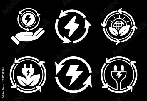 Renewable energy icons set design. Renewable power sign symbol white on black background