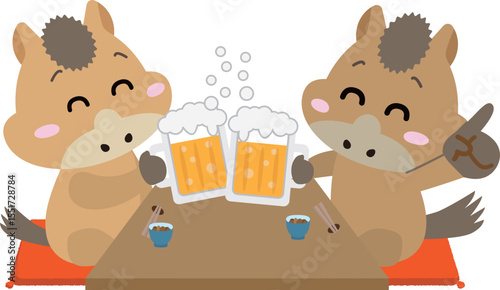 馬たちの乾杯！新年会・宴会を楽しむイラスト（午年）