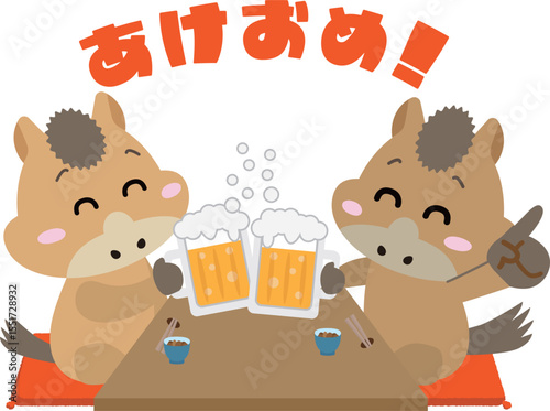 馬たちの乾杯！新年会・宴会を楽しむイラスト（午年）