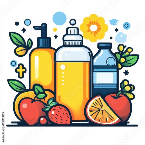Colorful arrangement of fruit and bottles showcasing healthy drinks with vibrant aesthetics in a lively setting