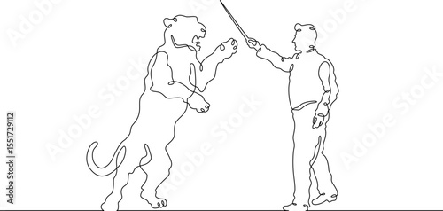 Continuous one line drawing animal trainer. Circus. Tiger training. Animals in the circus. Animal tamer.One continuous line isolated minimal illustration.Not AI.