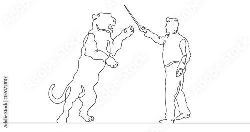 Continuous one line drawing animal trainer. Circus. Tiger training. Animals in the circus. Animal tamer.One continuous line isolated minimal illustration.Not AI.