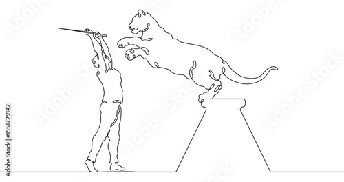 Continuous one line drawing animal trainer. Circus. Tiger training. Animals in the circus. Animal tamer.One continuous line isolated minimal illustration.Not AI.