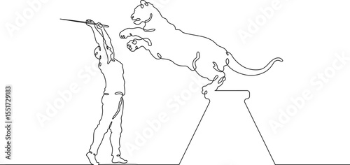 Continuous one line drawing animal trainer. Circus. Tiger training. Animals in the circus. Animal tamer.One continuous line isolated minimal illustration.Not AI.