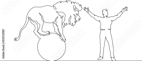 Continuous one line drawing animal trainer. Circus. Tiger training. Animals in the circus. Animal tamer.One continuous line isolated minimal illustration.Not AI.