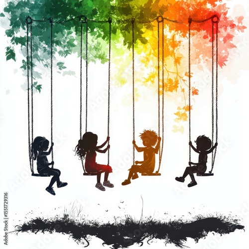 Children enjoying a sunny day swinging on ropes in a vibrant autumn setting with colorful leaves in the background