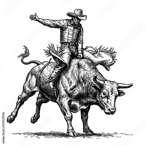 Illustration Of Rodeo Cowboy Rides Wild Bull With Black Transparent Background