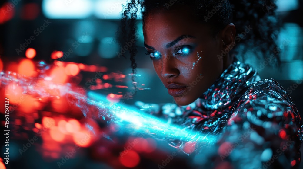 Naklejka premium A striking portrait of a futuristic woman with glowing blue eyes, exuding power and confidence in a vibrant sci-fi environment filled with energy and technology.