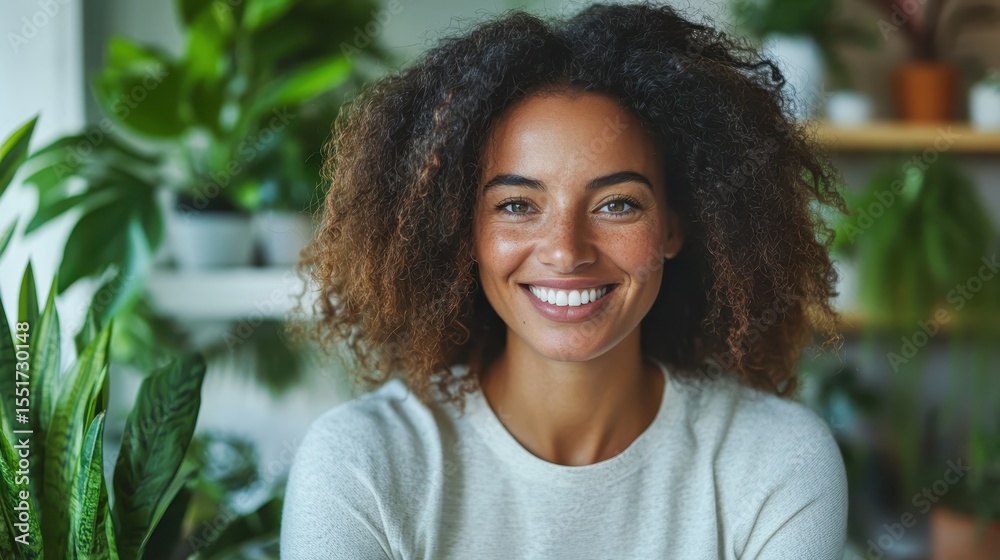 Fototapeta premium A cheerful woman with curly hair smiles brightly, surrounded by vibrant green plants, embodying a sense of joy and connection to nature in a warm, inviting indoor setting.