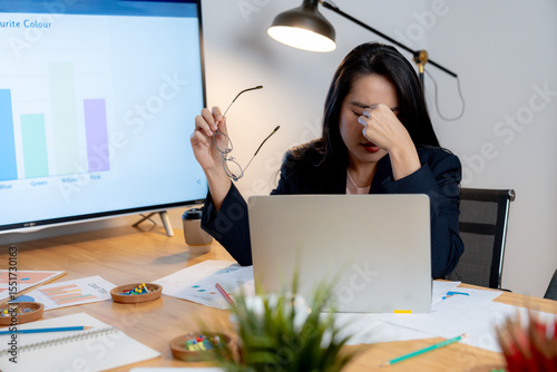 Exhausted female office worker feeling eye fatigue after working late hours in front of a computer.