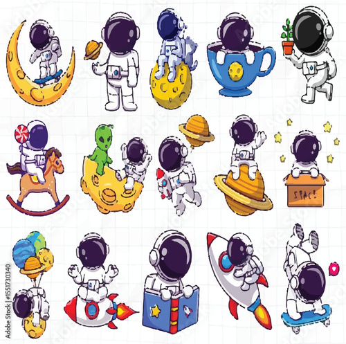 Little Astronaut Exploring the Galaxy – Kids Space Illustration - Astronaut Holding Planet Balloon – Whimsical Space Art - Astronaut Standing on Mars – Sci-Fi Adventure Scene - Astronaut with Rocket