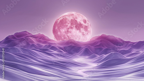 Pink Moon Rising: A Serene Lavender Mountain Range Under the Moonlight.