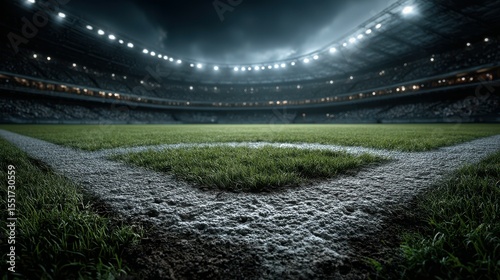 Nighttime view of a well-lit football stadium with freshly cut grass and empty stands