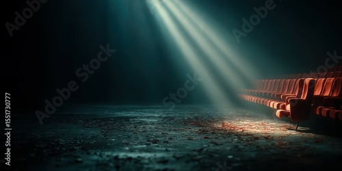 Empty red theater seats illuminated by rays of light in a dimly lit space surrounded by dust and abandoned ambiance