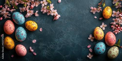 Colorful Easter eggs arranged beautifully with cherry blossoms on a dark textured background during spring celebrations