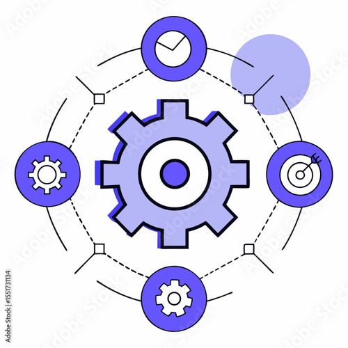 Marketing automation cogwheel panel with interconnected gears and icons  