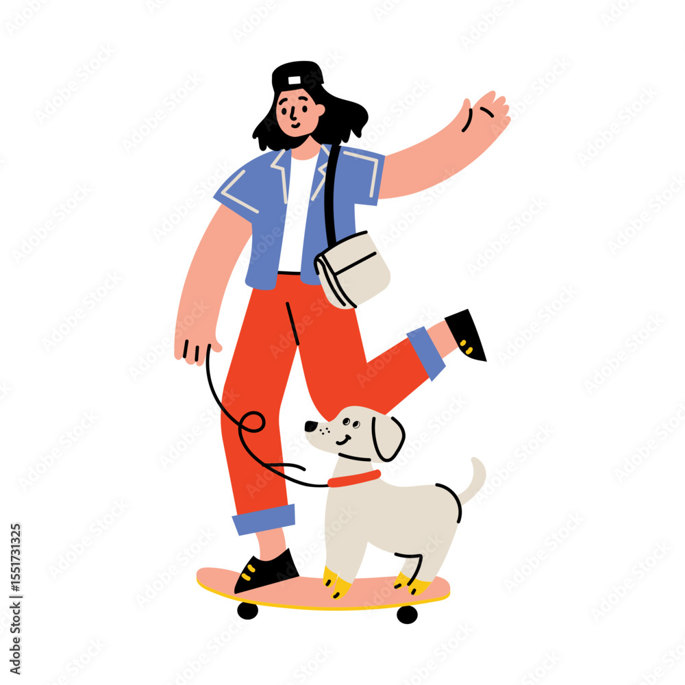 Fototapeta premium A flat style illustration showing a character skating with his dog