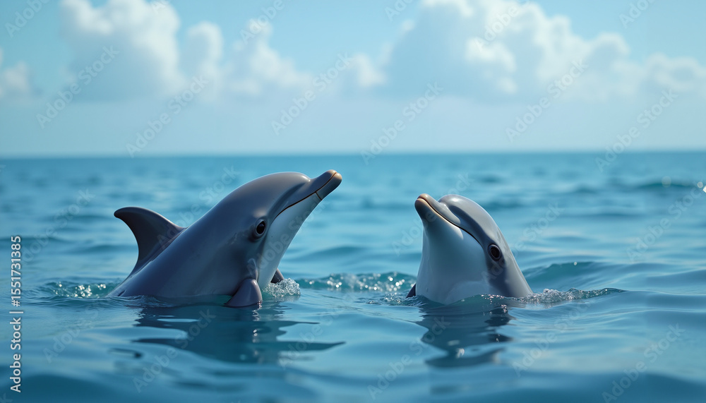 Fototapeta premium Two dolphins swimming together in clear ocean waters under sunlight 