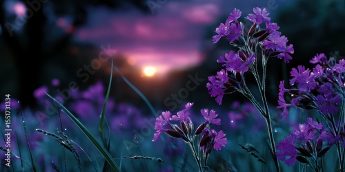 Vibrant purple flowers bloom under a serene sunset in a tranquil field during dusk
