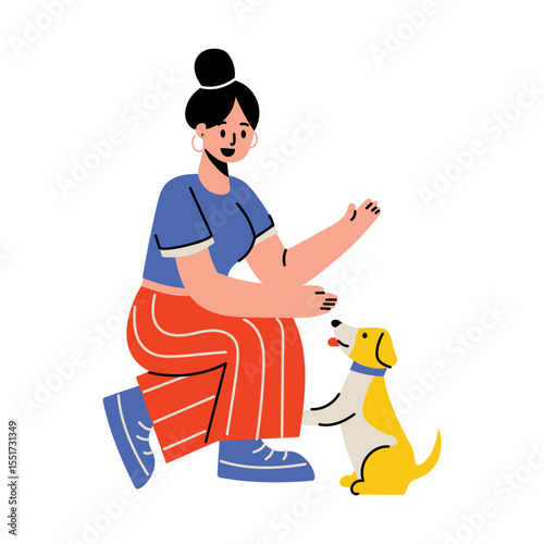 A flat style illustration showing a character playing with cute puppy 
