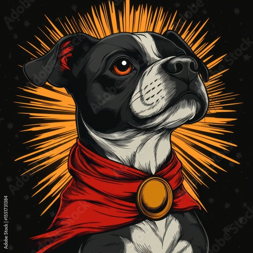 Black and white dog wearing a red cape and gold medallion against a bright orange background