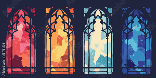 Stained-glass inspired geometric panes in ruby, amber, sapphire, and ivory