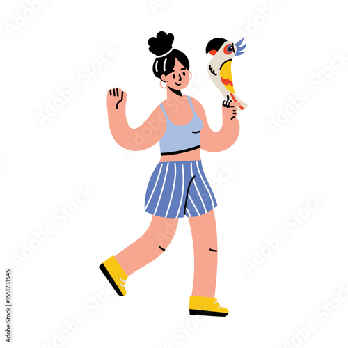 A flat style illustration showing a character having a cute parrot 

