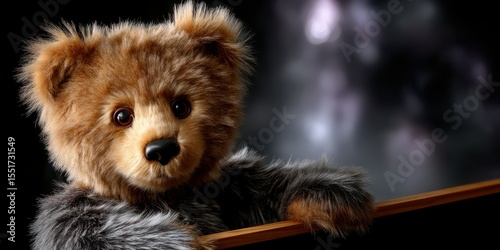 Realistic teddy bear character posing with a wooden stick against a dark background in a playful manner