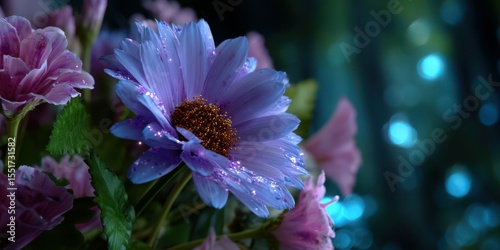 Colorful purple flower with shimmering drops in a lush garden setting during the evening twilight