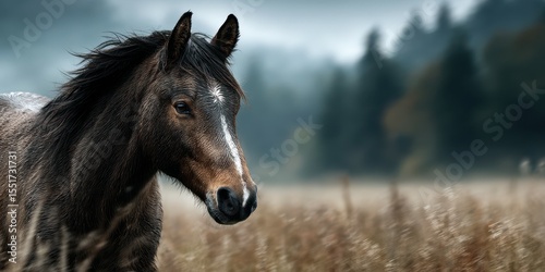 Wild horse grazing in a misty field during early morning hours near a forested area