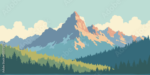 Low-poly mountain range pattern in moss, stone, rust, and sky