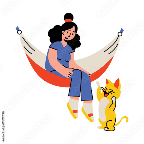 A flat style illustration of a cute cat playing with a person 

