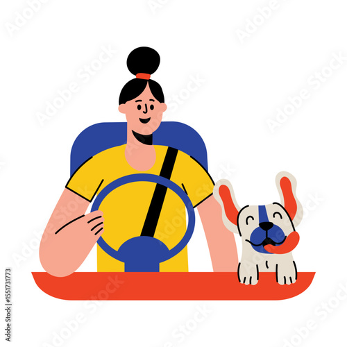 A flat style illustration showing a character driving with his pet 
