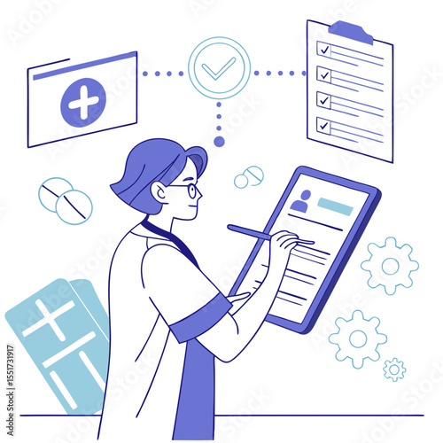 Doctor Writing Digital Prescription on Tablet – Flat Vector for eHealth Platforms and Online Clinics

