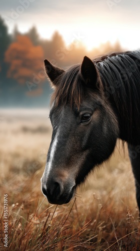 Majestic black horse grazing in golden autumn meadow during tranquil sunset hours