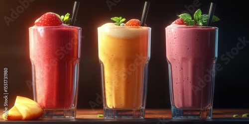 Refreshing fruit smoothie selection in vibrant colors with fresh ingredients at a kitchen countertop