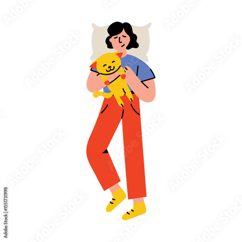 A flat style illustration showing a character sleeping with her pet 
