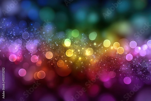 A blurred multicolored background with bokeh circles and scattered sparkling dust