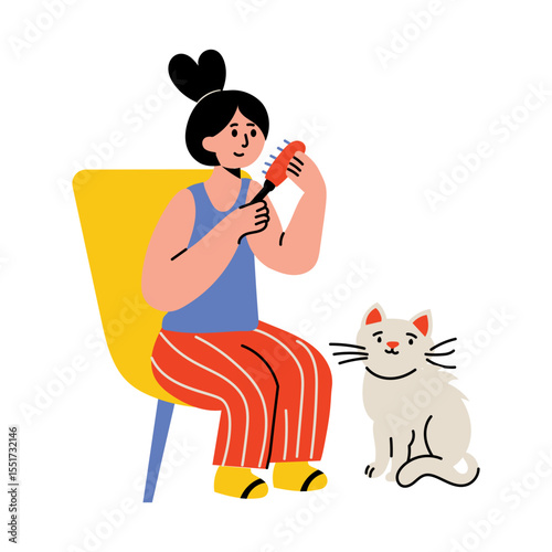 A flat style illustration showing a character doing pet combing 
