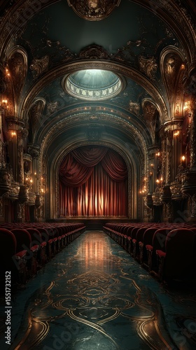 Elegant vintage theater interior with ornate decorations and warm lighting before a performance